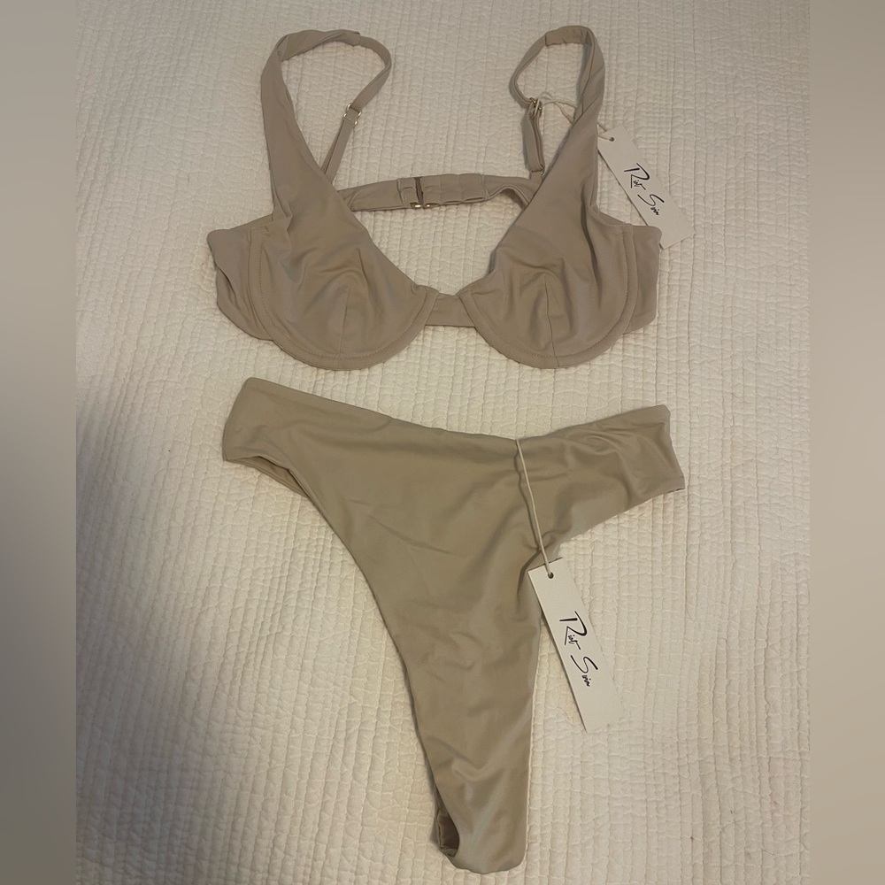 NWT Riot Swim Taupe Two-Piece Underwire Top M & Bikini Thong S Women’s